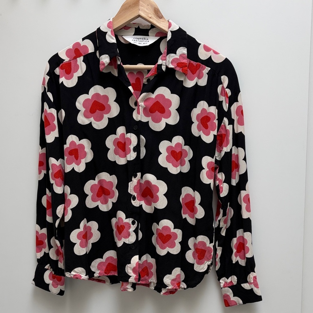 Women's Black Button-Down Shirt with Red & Pink Floral Motif